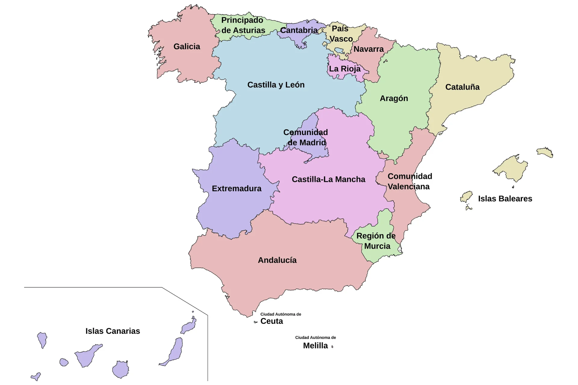 Mapa de España por comunidades autónomas para la Prueba de Acceso a Grado Superior